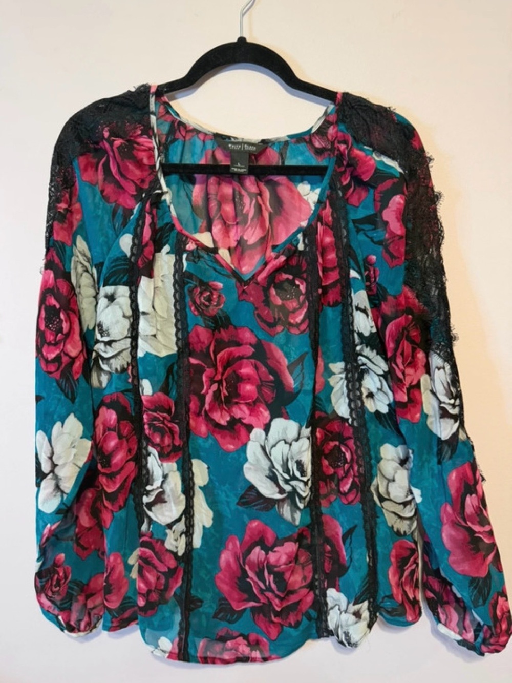 White House Black Market Teal Floral Lace-Trim Blouse
